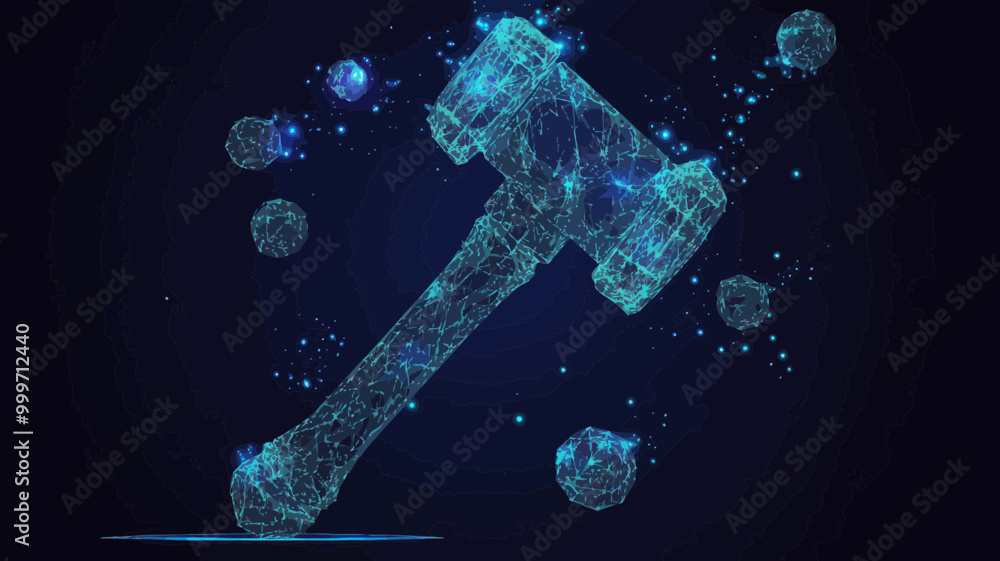 Aufkleber digital judge gavel with flying debris in low poly wireframe style - vector mesh illustration symbol