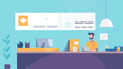 Obraz premium Modern Flat Design Contact Information Banners for Company Websites with Professional Workspace Illustration