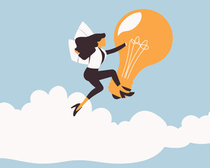 Confident Businesswoman Flying with Lightbulb Jetpack, Creative Innovation Boosting Productivity and Career Development, Business Growth Vector Concept