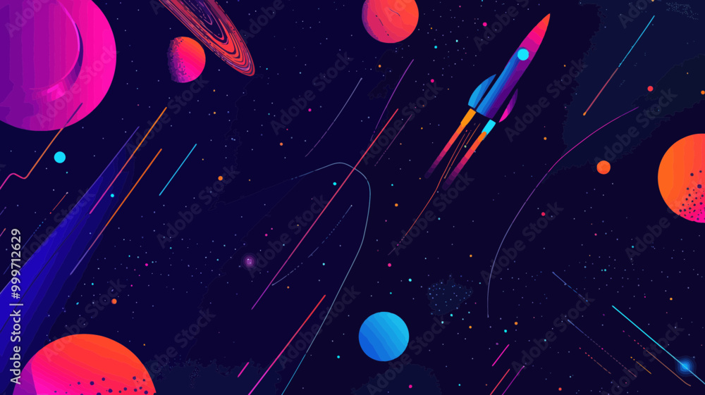 Poster abstract rocket in starry space with planets and galaxies vector illustration for business and techn