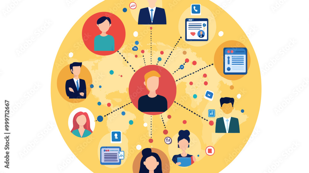 Poster illustration of social media connection and networking concept with diverse people profiles in a glo