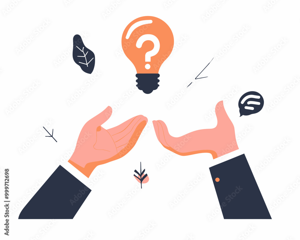 Aufkleber business problem solving concept - hands holding question mark and lightbulb, vector illustration fo