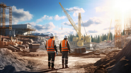 Two construction workers, clad in safety gear, are standing on a bustling construction site, gazing up at a large crane towering above them