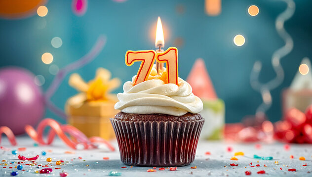 Birthday cupcake with burning lit candle with number 71. Number seventy-one for seventy-one years or seventy-first anniversary.