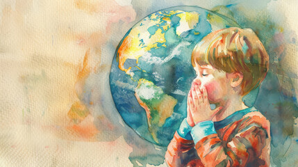 Watercolor painting of a child praying with a globe in the background, symbolizing hope and peace for the world.