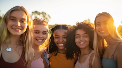 Obraz premium A friendly group of young women of various ethnicities, smiling and standing together
