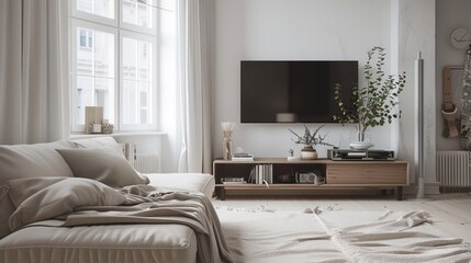 Modern living room interior design with comfortable sofa and TV