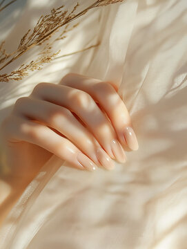 A delicate image of a woman's hand with a soft, natural manicure against a backdrop of gentle, diffused light. The graceful fingers, well-groomed skin, and minimalist nail design highlight natural bea
