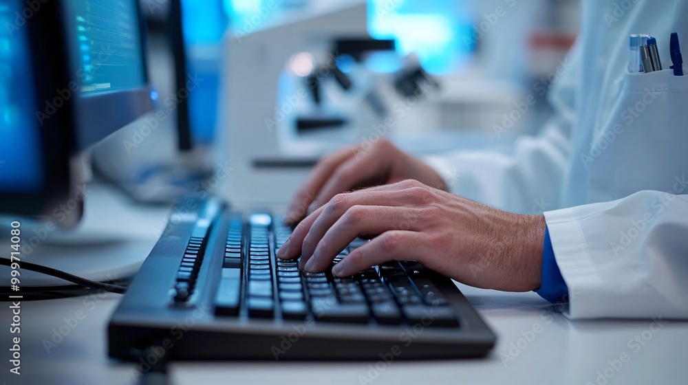 Poster close-up of a hand typing on a keyboard in a laboratory setting.