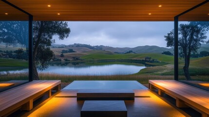 Fototapeta premium A tranquil Scandinavian-style meditation pavilion with minimalist wood benches