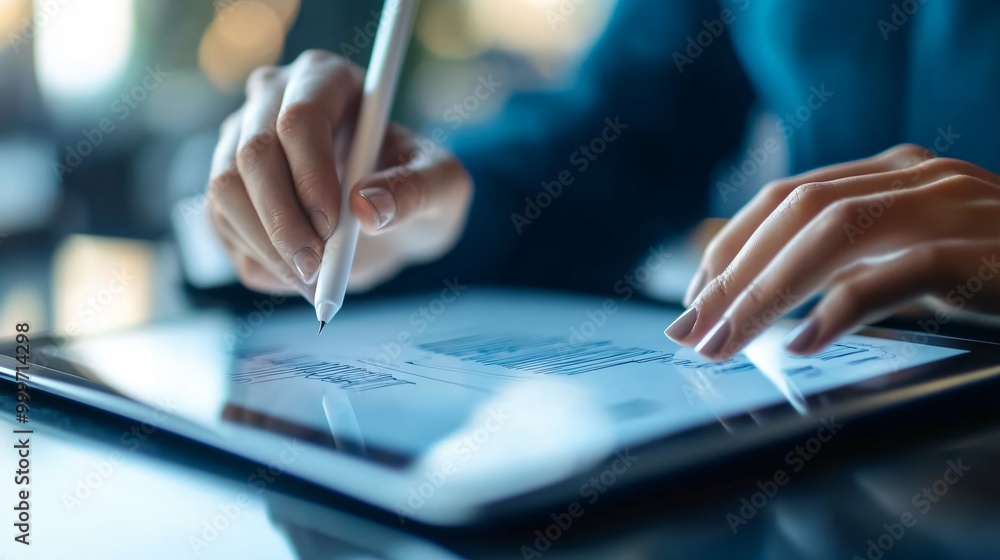 Poster close-up of a hand using a stylus to write on a digital tablet.