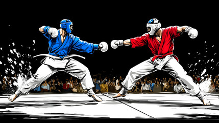 Two Martial Arts Fighters  Engage in a  Fierce and Dynamic Combat  in Front of an Excited Crowd  in an Illustration Style