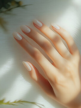 A delicate image of a woman's hand with a soft, natural manicure against a backdrop of gentle, diffused light. The graceful fingers, well-groomed skin, and minimalist nail design highlight natural bea