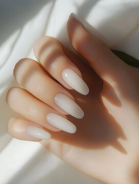 A delicate image of a woman's hand with a soft, natural manicure against a backdrop of gentle, diffused light. The graceful fingers, well-groomed skin, and minimalist nail design highlight natural bea