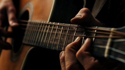 Fototapeta premium Close-up of a hand playing an acoustic guitar, the focus is on the fretboard.