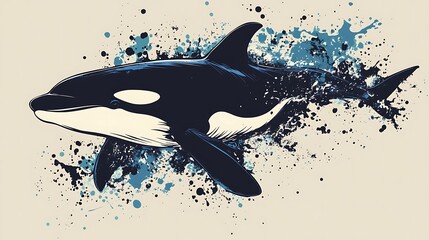 Obraz premium A stylized illustration of an orca, or killer whale, with a splatter pattern behind it.