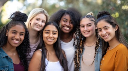 Obraz premium A group of young women from various ethnicities, all smiling and standing closely