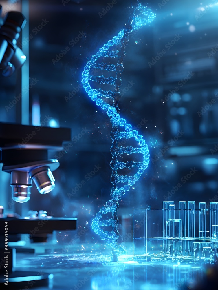 Poster glowing dna strand in laboratory setting