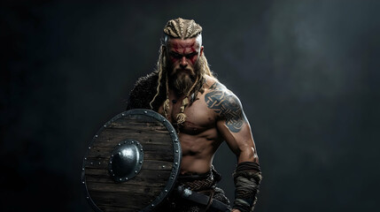 Fototapeta premium A Muscular Viking Warrior with Braids, Holding a Shield and Sword, Stands in a Dark Studio, with Smoke in the Background.