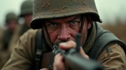 Close-up soldier aiming in battle