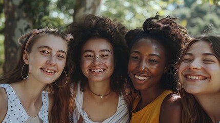 A group of young women from various races, all smiling and standing together