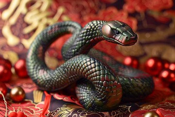 Obraz premium Black snake on red background. Concept of new year 2025 and Christmas