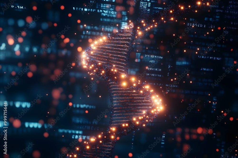 Poster abstract dna helix with glowing particles and data
