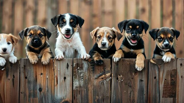 Six puppies peek over a wooden fence on a sunny day