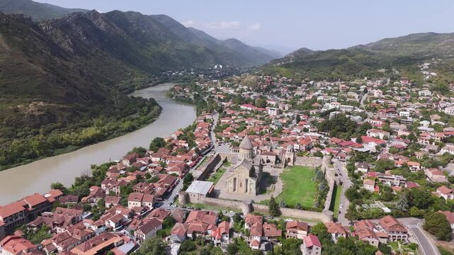 Panoramic flight over Mtskheta city in Georgia: awsome landscapes and historic architecture