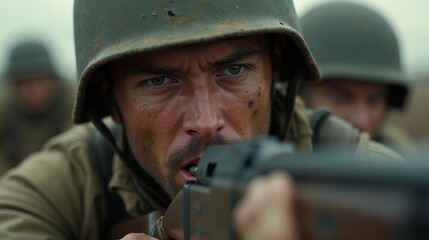 Close-up soldier aiming in battle