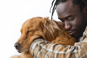 A person embracing a canine companion with eyes shut