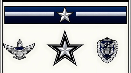 A Silver and Black Star with a Blue and White Stripe in the Background and a Silver Eagle with Wings Spread and a Shield with Two Eagles and a Star