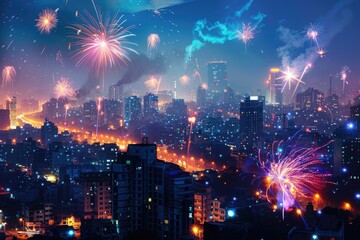 Fototapeta premium Nighttime scene with colorful fireworks exploding in the sky above a bustling city