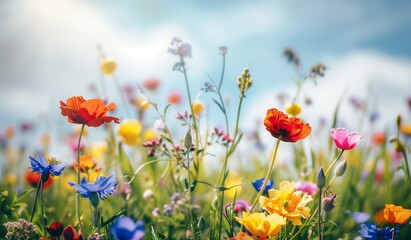 Vibrant wildflowers bloom in a sunny meadow during the spring, showcasing a colorful tapestry of nature's beauty