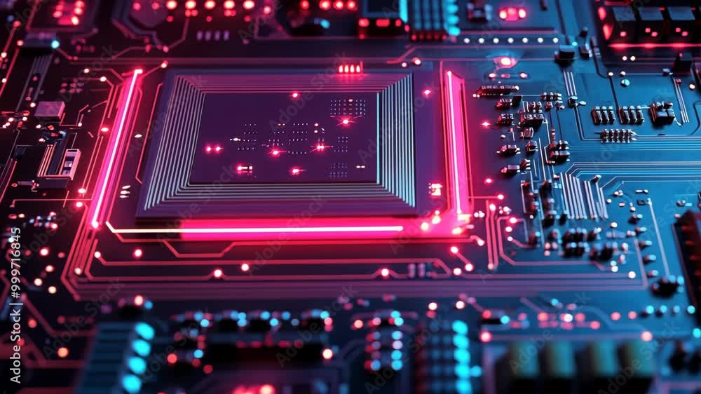 Poster a close-up shot of a computer chip with red lights illuminating the circuitry
