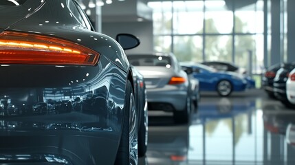 Rear view of parked cars in a modern car dealership office, showcasing new vehicles in the showroom for automobile leasing and insurance opportunities
