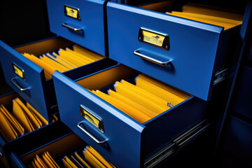 A long row of blue filing cabinets that are filled with yellow files