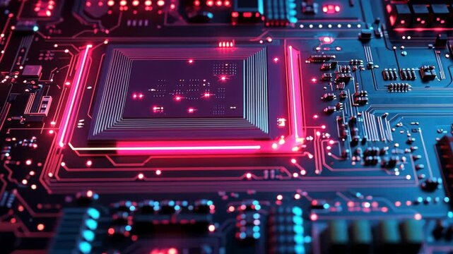 A close-up shot of a computer chip with red lights illuminating the circuitry