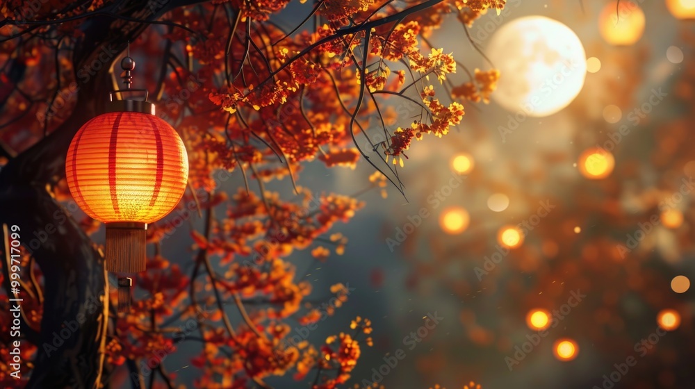 Poster a red lantern hangs from a tree branch in front of a full moon