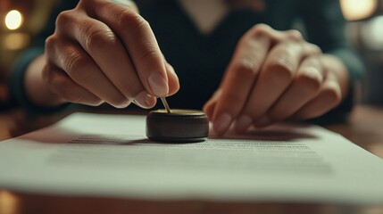 Closeup of a hand signing a document with a stamp.