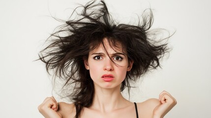 Sad woman with a bad hair day expressing negativity, capturing the essence of emotional struggle and the impact of appearance on self-esteem and mood in daily life