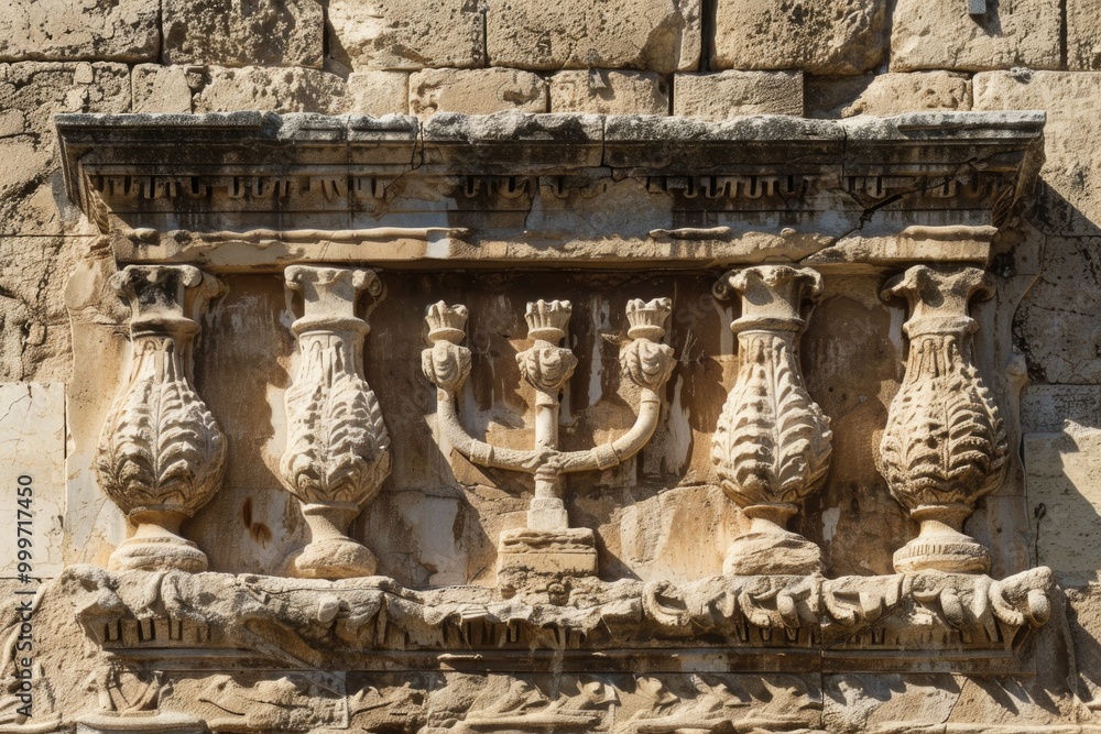 Poster a close-up of a building with intricate carvings, suitable for use in historical or architectural co