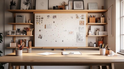 An artistic workspace with a minimalist design featuring an elegant wooden desk