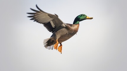 Fototapeta premium Mallard Duck in Flight Against a White Sky