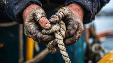 Closeup of a man's dirty hands tying a thick rope.