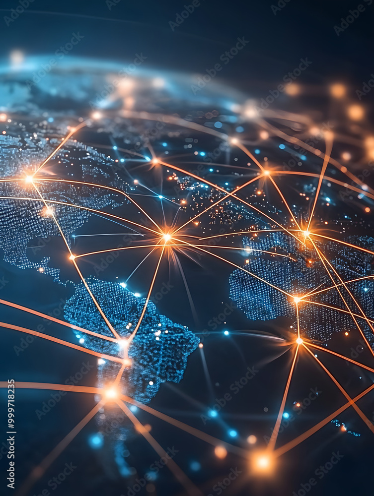 Poster global business network with world map and connecting flight paths hyper realistic