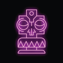 Bright neon sign showing a tiki idol with big eyes and a skull nose, on a black background
