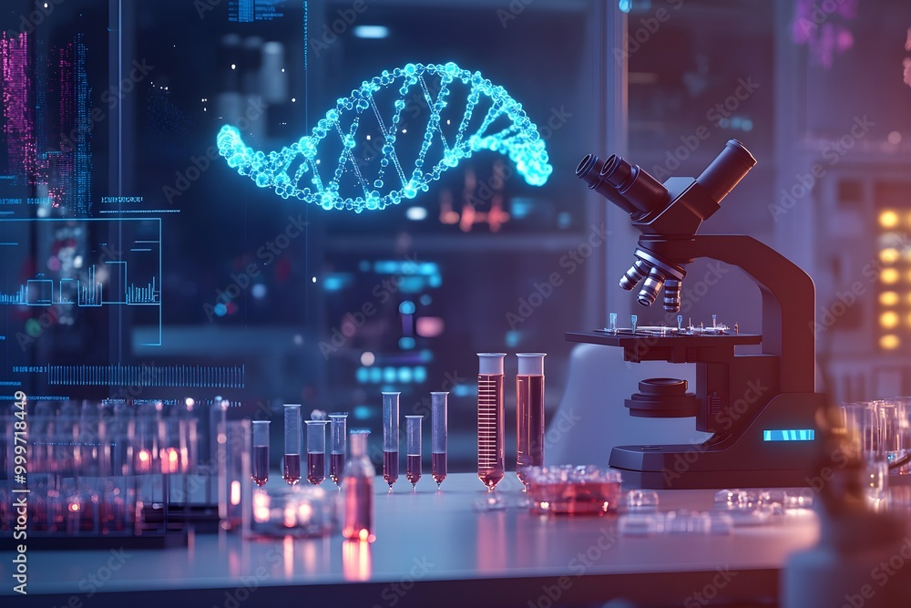 Poster laboratory scene with dna and microscope