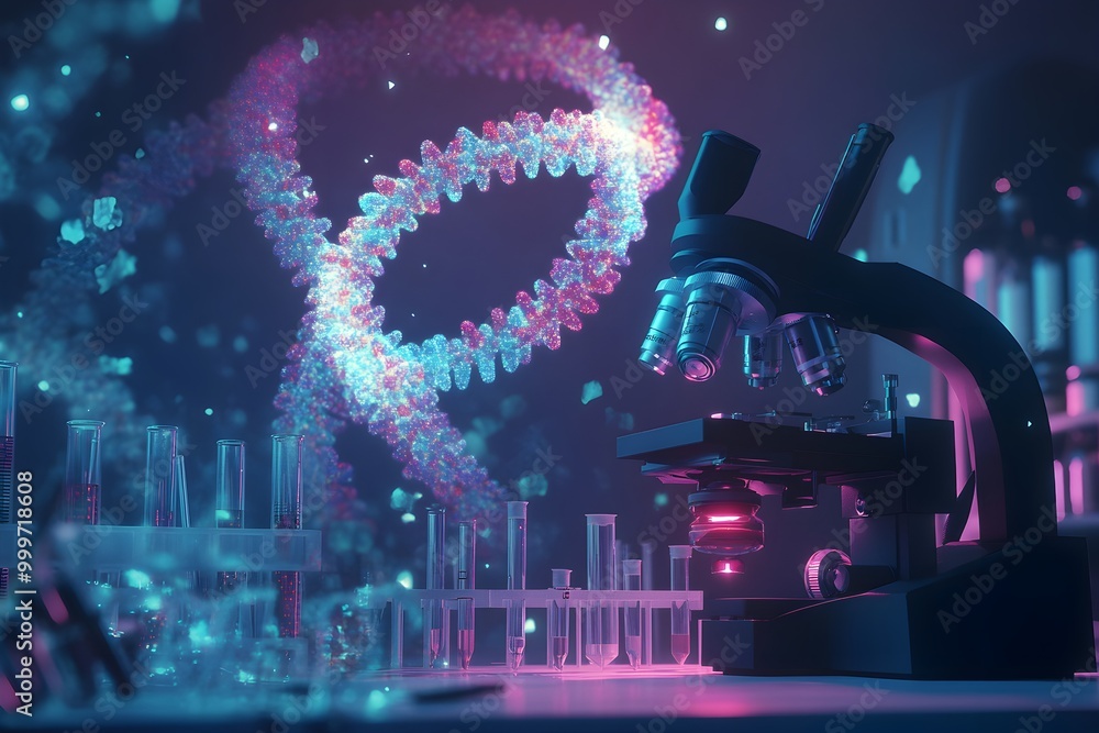 Aufkleber Microscope with DNA in Abstract Science Lab