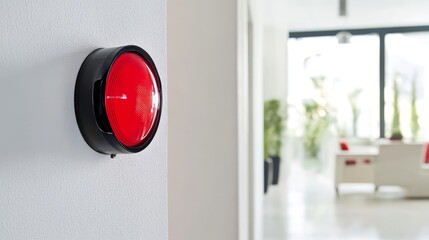 A wall-mounted red warning light spins and blinks while sounding an air raid siren, signifying an urgent emergency alert and emphasizing the need for immediate action and awareness